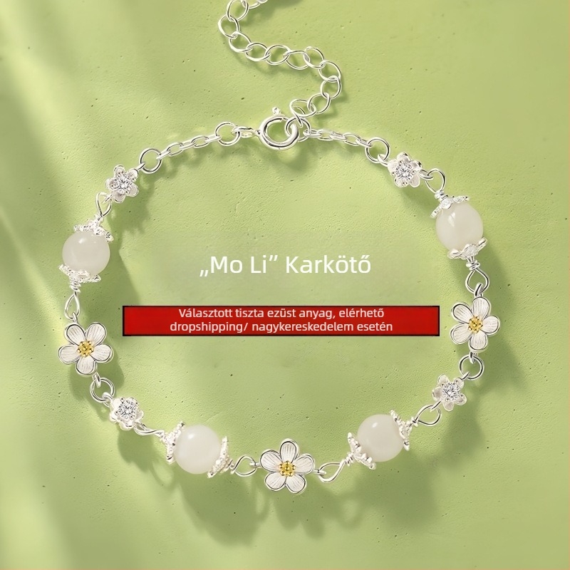 999 ezüst karkötő virág alakú — nőies, tündér stílusú, elektroplatírozott felület, kézre való ékszer, tavasz 2026