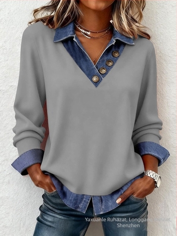 Patchwork kötött felső V-nyakúval, hosszú ujjú, laza fazon, poliészter-spandex anyag