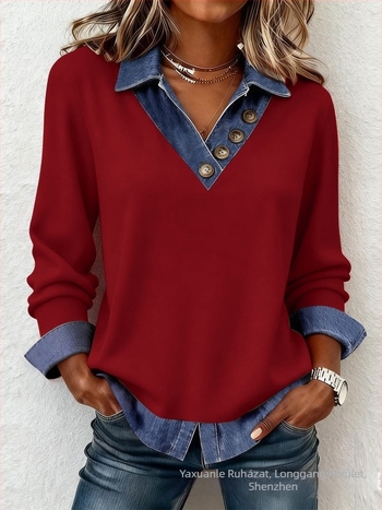 Patchwork kötött felső V-nyakúval, hosszú ujjú, laza fazon, poliészter-spandex anyag