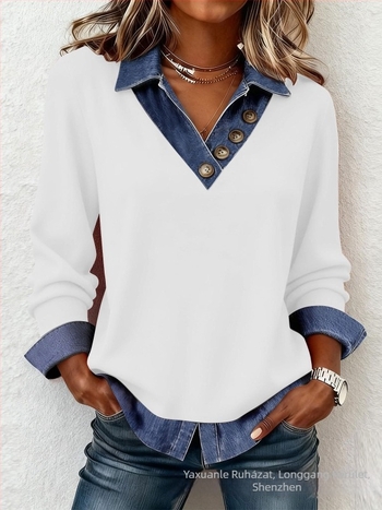 Patchwork kötött felső V-nyakúval, hosszú ujjú, laza fazon, poliészter-spandex anyag