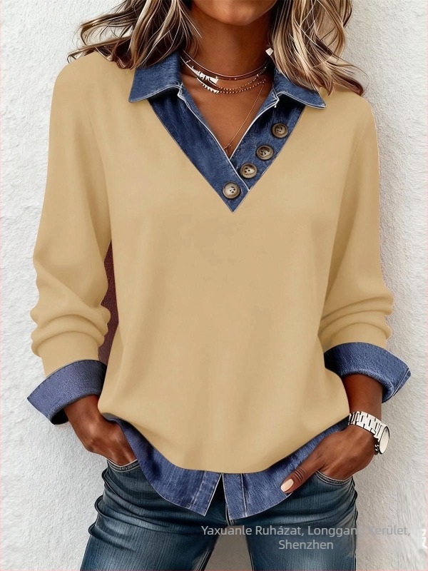 Patchwork kötött felső V-nyakúval, hosszú ujjú, laza fazon, poliészter-spandex anyag