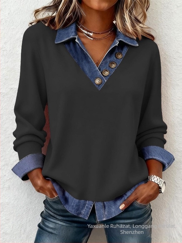 Patchwork kötött felső V-nyakúval, hosszú ujjú, laza fazon, poliészter-spandex anyag