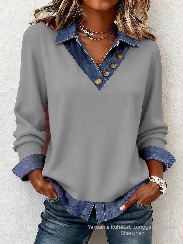 Patchwork kötött felső V-nyakúval, hosszú ujjú, laza fazon, poliészter-spandex anyag