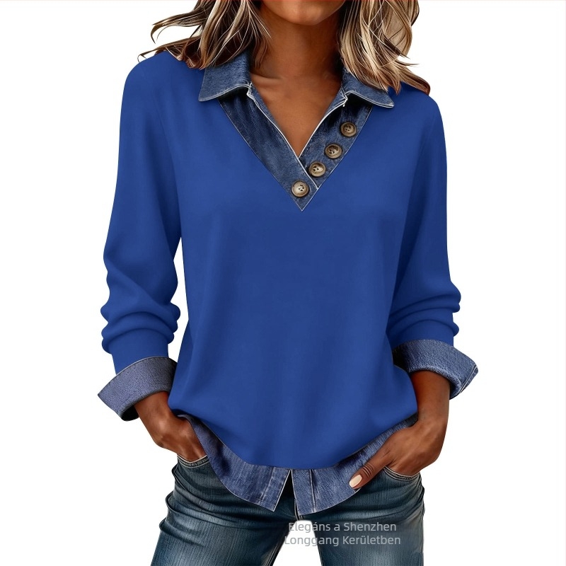 Patchwork kötött felső V-nyakúval, hosszú ujjú, laza fazon, poliészter-spandex anyag