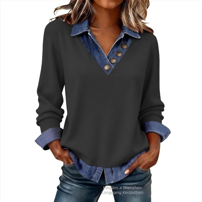 Patchwork kötött felső V-nyakúval, hosszú ujjú, laza fazon, poliészter-spandex anyag