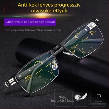 Kétirányú olvasószemüveg közelre és távolra, progresszív multifokális lencsékkel, anti‑kék fény védelemmel, műgyanta lencsékkel, félkeret TR és fém keret