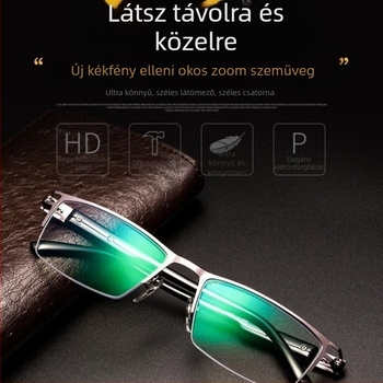 Kétirányú olvasószemüveg közelre és távolra, progresszív multifokális lencsékkel, anti‑kék fény védelemmel, műgyanta lencsékkel, félkeret TR és fém keret