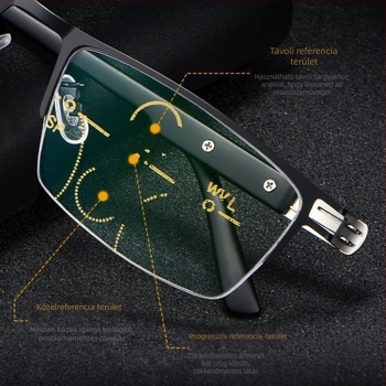 Kétirányú olvasószemüveg közelre és távolra, progresszív multifokális lencsékkel, anti‑kék fény védelemmel, műgyanta lencsékkel, félkeret TR és fém keret