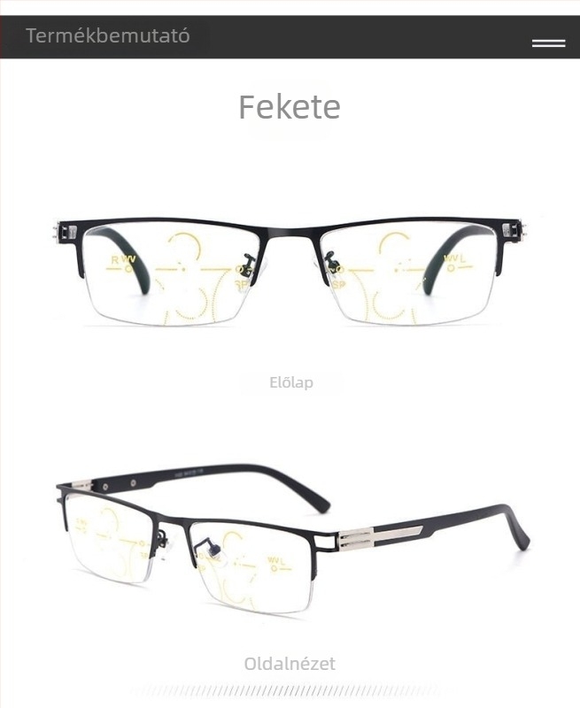 Kétirányú olvasószemüveg közelre és távolra, progresszív multifokális lencsékkel, anti‑kék fény védelemmel, műgyanta lencsékkel, félkeret TR és fém keret