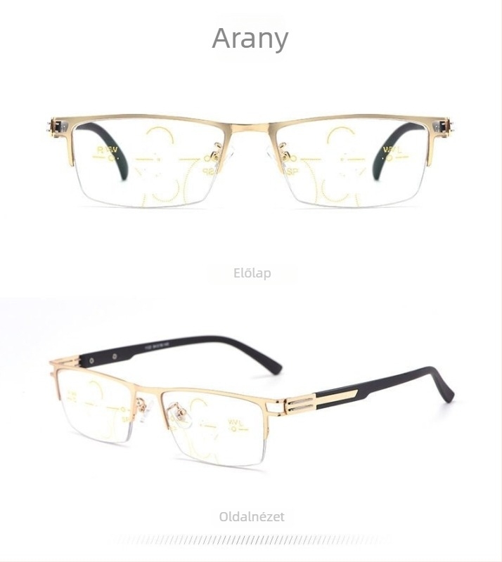 Kétirányú olvasószemüveg közelre és távolra, progresszív multifokális lencsékkel, anti‑kék fény védelemmel, műgyanta lencsékkel, félkeret TR és fém keret