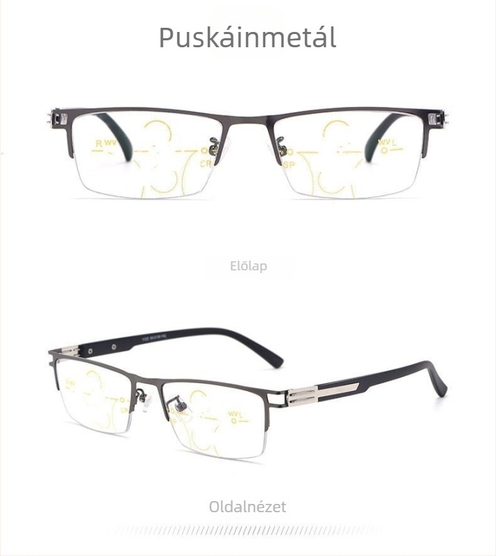Kétirányú olvasószemüveg közelre és távolra, progresszív multifokális lencsékkel, anti‑kék fény védelemmel, műgyanta lencsékkel, félkeret TR és fém keret