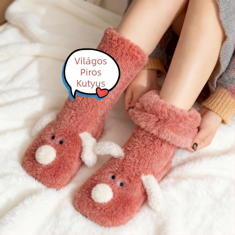 Női csúszásmentes zokni állatmintával, poliészterből, középhosszú, korall-flízes bélés, melegek