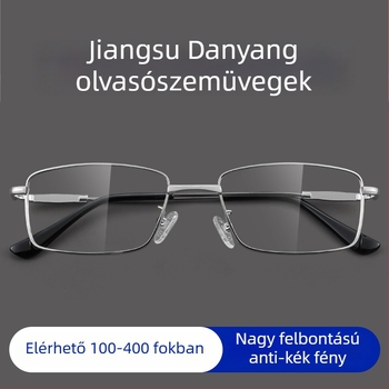 Olvasószemüveg titánium ötvözet kerettel, polikarbonát lencsékkel, anti-kék fény, teljes keret, kerek arcformához illeszkedő, időseknek