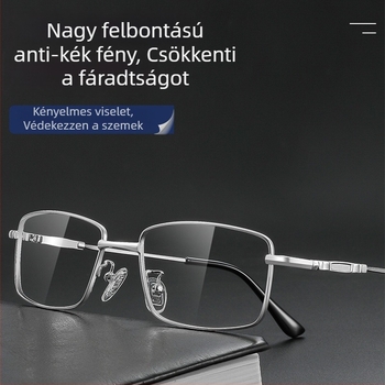 Olvasószemüveg titánium ötvözet kerettel, polikarbonát lencsékkel, anti-kék fény, teljes keret, kerek arcformához illeszkedő, időseknek
