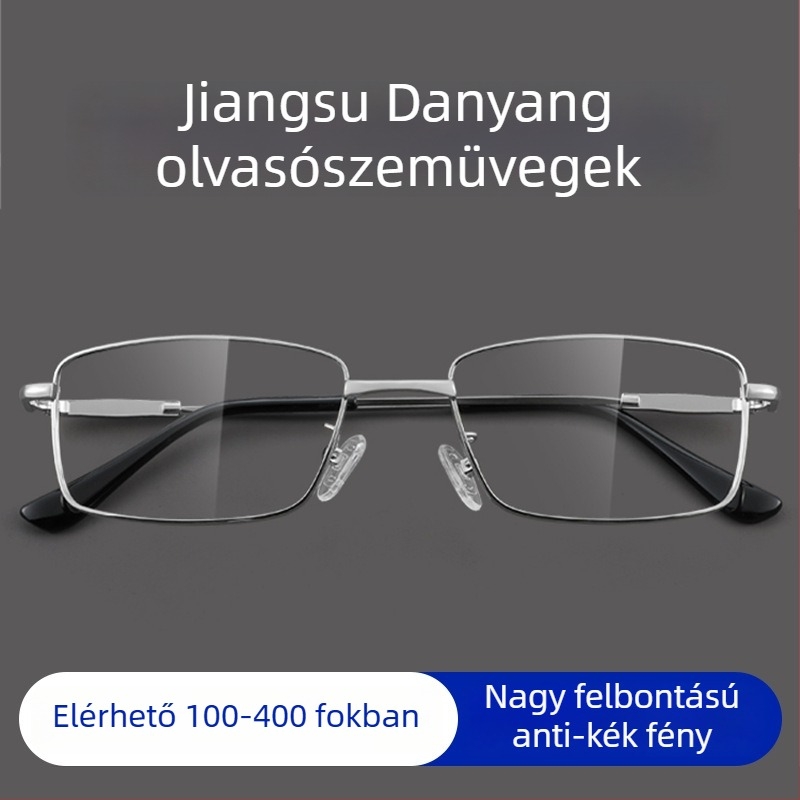 Olvasószemüveg titánium ötvözet kerettel, polikarbonát lencsékkel, anti-kék fény, teljes keret, kerek arcformához illeszkedő, időseknek