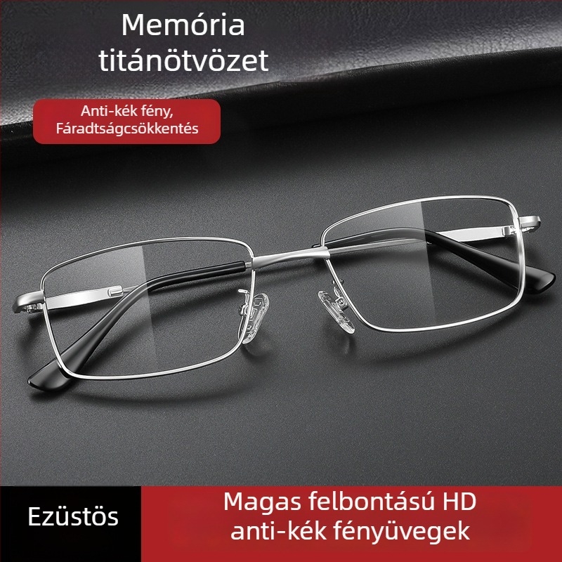 Olvasószemüveg titánium ötvözet kerettel, polikarbonát lencsékkel, anti-kék fény, teljes keret, kerek arcformához illeszkedő, időseknek