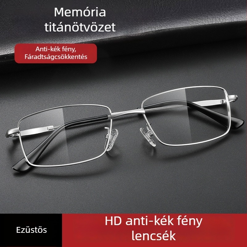 Olvasószemüveg titánium ötvözet kerettel, polikarbonát lencsékkel, anti-kék fény, teljes keret, kerek arcformához illeszkedő, időseknek