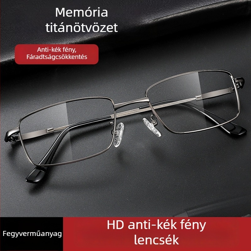 Olvasószemüveg titánium ötvözet kerettel, polikarbonát lencsékkel, anti-kék fény, teljes keret, kerek arcformához illeszkedő, időseknek