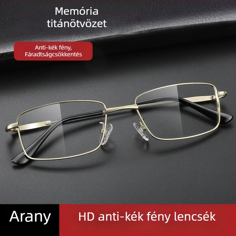 Olvasószemüveg titánium ötvözet kerettel, polikarbonát lencsékkel, anti-kék fény, teljes keret, kerek arcformához illeszkedő, időseknek
