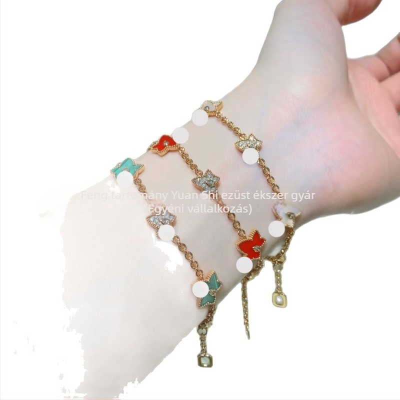 Női ötfélel leveles borostyán karkötő — aranyozott sárgaréz, valódi aranyozás, csepp alakú, tömeg 10