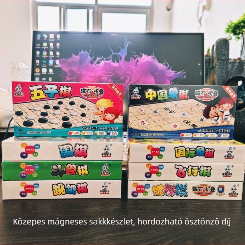 Összecsukható mágneses társasjáték-készlet: sakk, Go, Gomoku, dáma és Flying Chess; anyag: műanyag; csomagolás: színes doboz; korosztály: 4–14 év; oktató játék; tartalmaz útmutató videóval