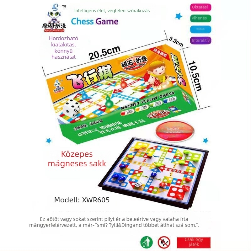 Összecsukható mágneses társasjáték-készlet: sakk, Go, Gomoku, dáma és Flying Chess; anyag: műanyag; csomagolás: színes doboz; korosztály: 4–14 év; oktató játék; tartalmaz útmutató videóval