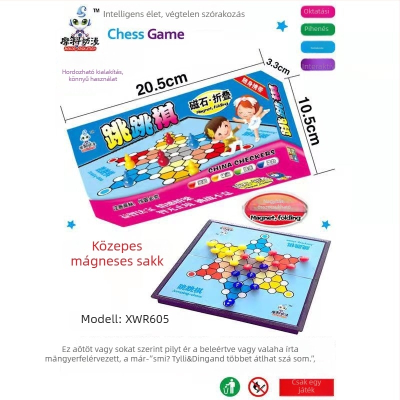 Összecsukható mágneses társasjáték-készlet: sakk, Go, Gomoku, dáma és Flying Chess; anyag: műanyag; csomagolás: színes doboz; korosztály: 4–14 év; oktató játék; tartalmaz útmutató videóval