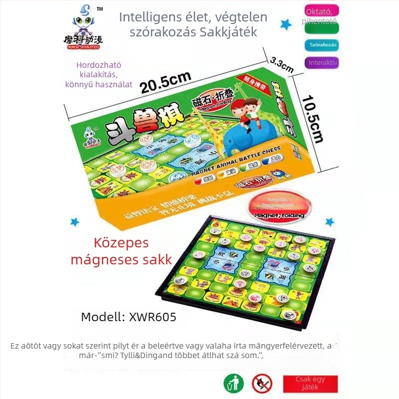 Összecsukható mágneses társasjáték-készlet: sakk, Go, Gomoku, dáma és Flying Chess; anyag: műanyag; csomagolás: színes doboz; korosztály: 4–14 év; oktató játék; tartalmaz útmutató videóval
