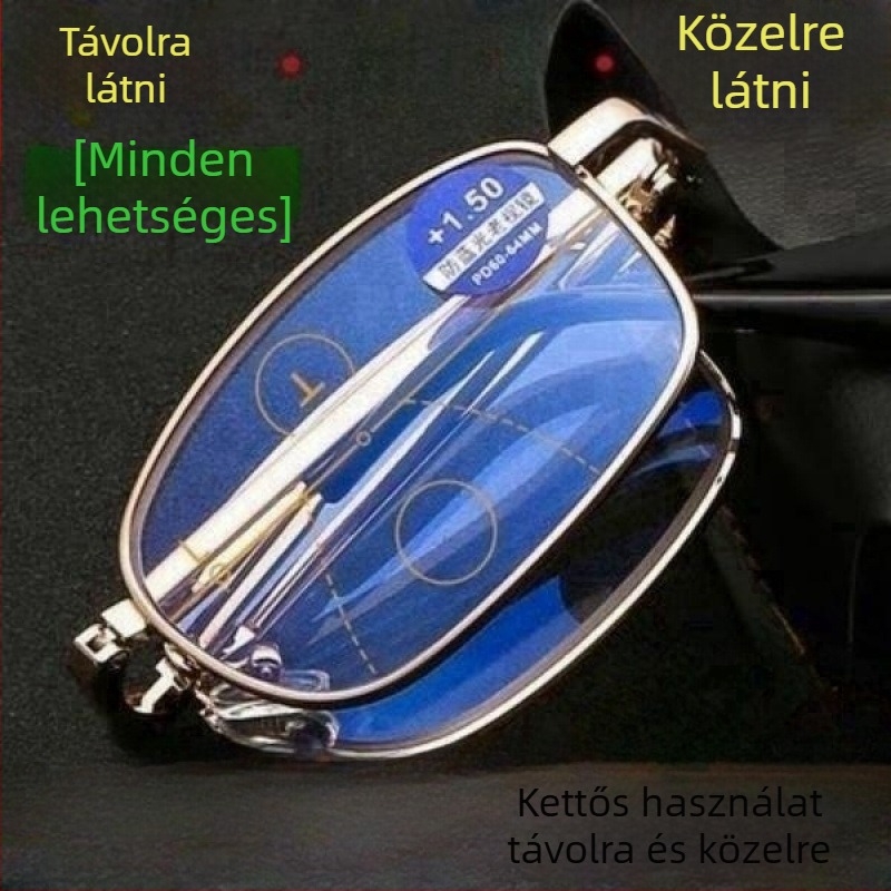 Összecsukható preszbióp szemüveg férfiaknak és nőknek, HD divatos dizájn, állítható dioptria közelre és távolra, hordozható