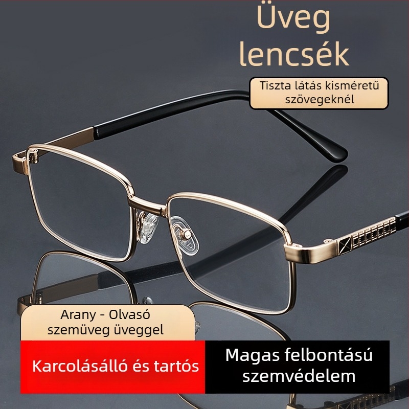 Presbyopia szemüveg időseknek, nagy felbontású aszférikus lencsék, teljes keret, négyszögletes fém keret, ütésálló lencsék
