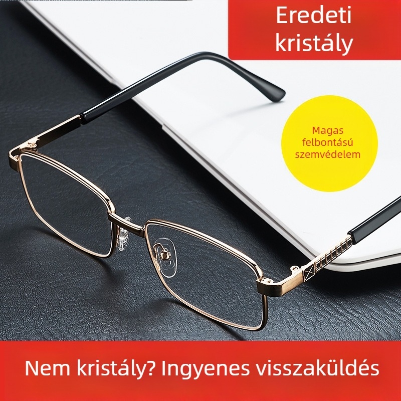 Presbyopia szemüveg időseknek, nagy felbontású aszférikus lencsék, teljes keret, négyszögletes fém keret, ütésálló lencsék