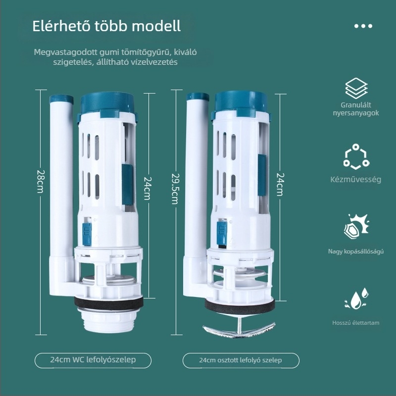 WC-tartály kiegészítők – ürítő- és feltöltő szelepek, nyomógombos működés, injekciós öntésű PP/ABS, Rain West