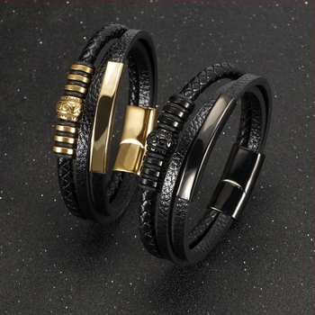 Férfi rozsdamentes acélból készült karkötő, többrétegű szövés, vintage geometriai kialakítás, elektroplatált felülettel