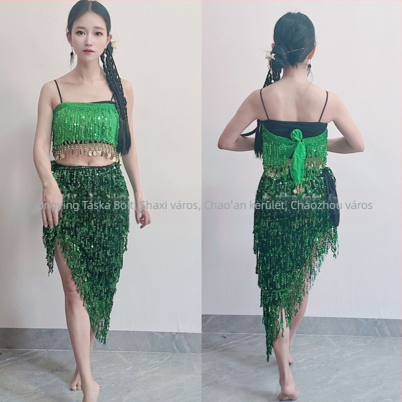 Színpadi hastánc öltözet strasszokkal és bojtokkal; chiffon anyag; poliészter 90–95%; gyöngyhímzés