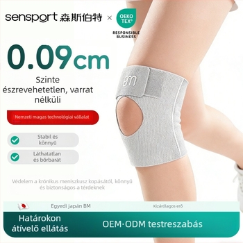 Vékony profilú térd sleeve – nyitott és légáteresztő, könnyű futáshoz, kosárlabdához és tollaslabdához; anyagok: spandex/nylon; felnőtteknek; súly ≤100 g