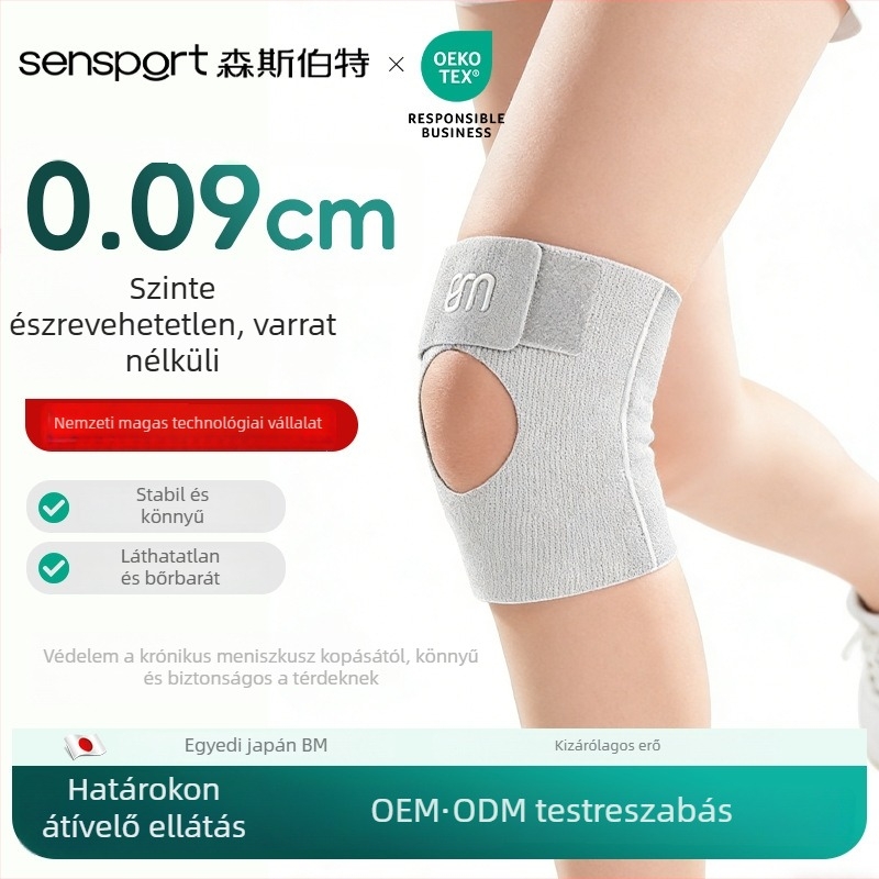 Vékony profilú térd sleeve – nyitott és légáteresztő, könnyű futáshoz, kosárlabdához és tollaslabdához; anyagok: spandex/nylon; felnőtteknek; súly ≤100 g
