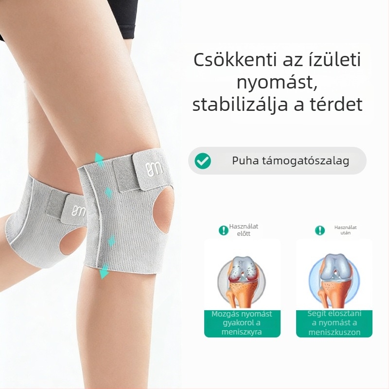 Vékony profilú térd sleeve – nyitott és légáteresztő, könnyű futáshoz, kosárlabdához és tollaslabdához; anyagok: spandex/nylon; felnőtteknek; súly ≤100 g