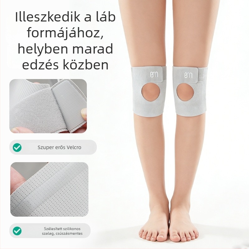 Vékony profilú térd sleeve – nyitott és légáteresztő, könnyű futáshoz, kosárlabdához és tollaslabdához; anyagok: spandex/nylon; felnőtteknek; súly ≤100 g