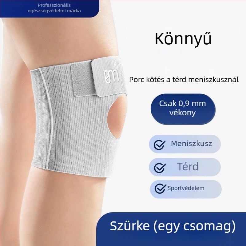 Vékony profilú térd sleeve – nyitott és légáteresztő, könnyű futáshoz, kosárlabdához és tollaslabdához; anyagok: spandex/nylon; felnőtteknek; súly ≤100 g