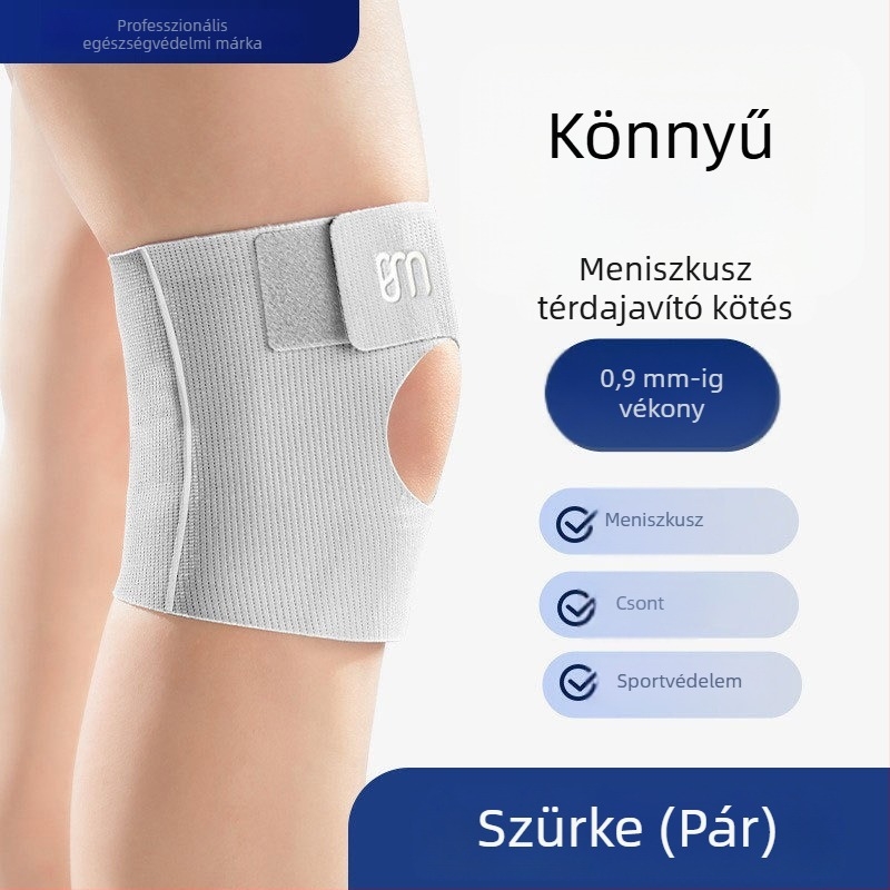 Vékony profilú térd sleeve – nyitott és légáteresztő, könnyű futáshoz, kosárlabdához és tollaslabdához; anyagok: spandex/nylon; felnőtteknek; súly ≤100 g