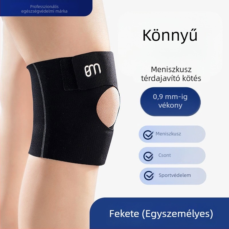 Vékony profilú térd sleeve – nyitott és légáteresztő, könnyű futáshoz, kosárlabdához és tollaslabdához; anyagok: spandex/nylon; felnőtteknek; súly ≤100 g