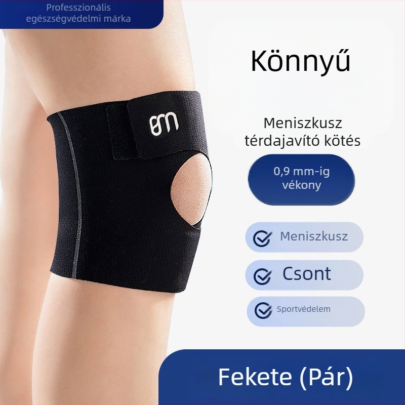 Vékony profilú térd sleeve – nyitott és légáteresztő, könnyű futáshoz, kosárlabdához és tollaslabdához; anyagok: spandex/nylon; felnőtteknek; súly ≤100 g