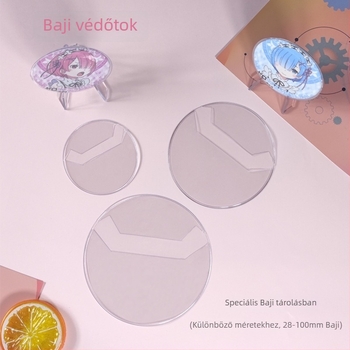 Átlátszó PVC védőburkolat kerek kitűzőkhöz; hőszalagos zárás, logó nélkül, terhelhetőség 600–650 g, tárolásra és kiállításra