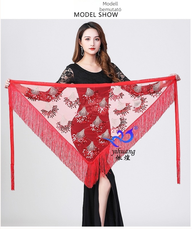 Belly Dance Kostüm rojtos csípő kendővel, deréköv flitterekkel, háromszög sál, hálós anyag