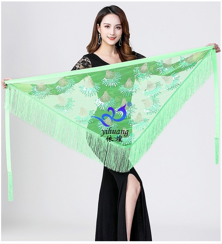 Belly Dance Kostüm rojtos csípő kendővel, deréköv flitterekkel, háromszög sál, hálós anyag