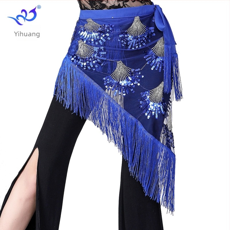 Belly Dance Kostüm rojtos csípő kendővel, deréköv flitterekkel, háromszög sál, hálós anyag