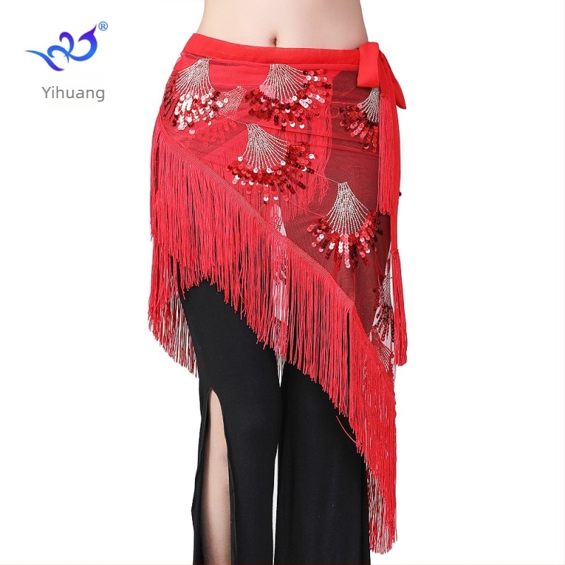 Belly Dance Kostüm rojtos csípő kendővel, deréköv flitterekkel, háromszög sál, hálós anyag