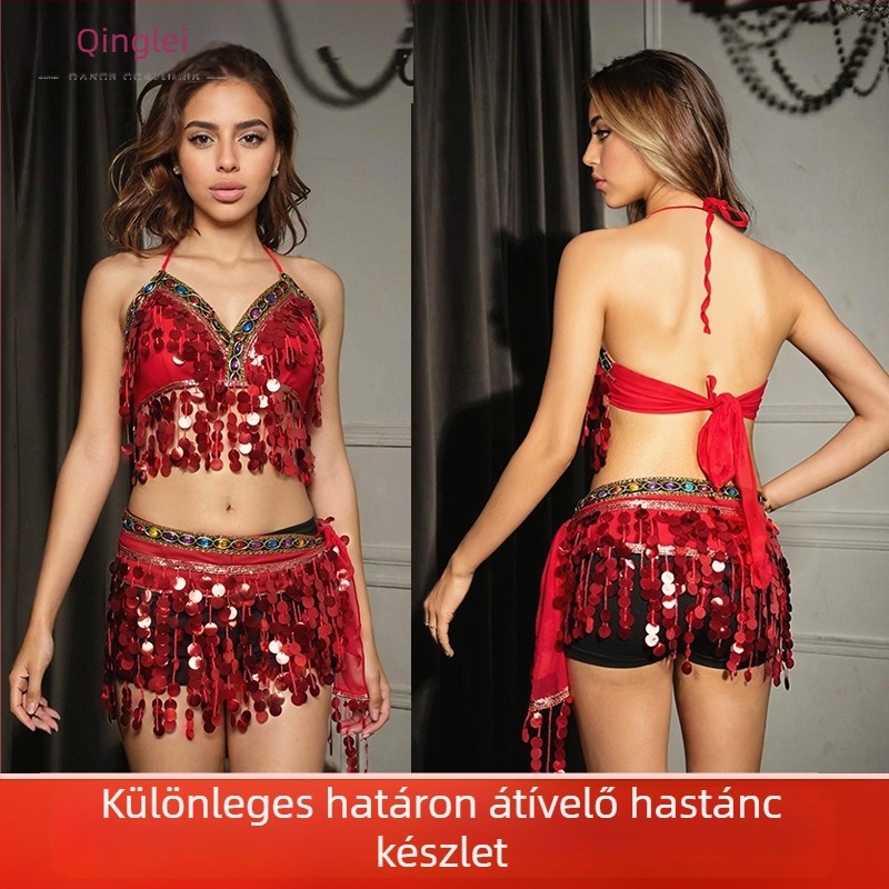 Szexi hastánc kostüm flitteres melltartóval, tassel derékkal és rojtos szoknyával előadásra — 2025 tavasz, poliészter anyag, 80–90% poliészter tartalom, kézzel vágott kivitelezés