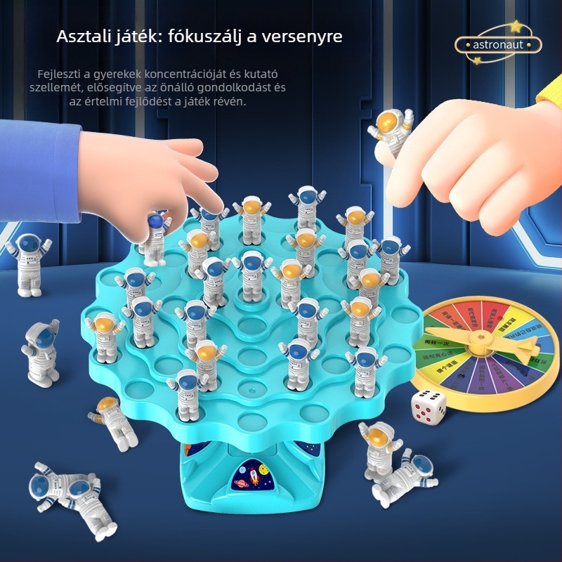 Egyensúlyozó űrhajós asztali játék — Jenga-stílusú puzzle, műanyag, 7–14 éveseknek, kognitív és szenzoros fejlődés