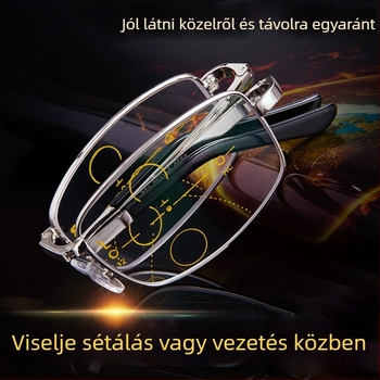 Olvasószemüveg anti-kék fény, többfokozatú, távolra és közelre is használható, teljes keretű fém keret